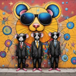 Three blind mice, rimless blind-person all-black sunglasses, astral star-filled background, modern graffiti street art on city wall, dramatic, warm colors, dynamic diagonal composition, by Os Gemeos and Seth Globepainter, color spray paint, concept art, warm colors, stunning, whimsical, three mice