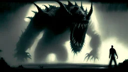 The described image presents an extremely horrifying scene with grayscale colors dominating the picture, creating a dark and eerie atmosphere. In this context, there is a massive, monstrous creature positioned prominently in the foreground of the image. This monster appears to be mythical and intensely frightening, characterized by its terrifying features and its colossal, imposing body that exudes immense power. When one looks at this monster, its face and eyes exhibit horrifying details, seem