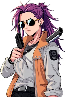male cyberpunk solo with long hair tail, Norwegian, Wearing Leisureware and mirrored sunglasses, armed with heavy revolver, lean, nice, Anime Style, Retroanime, Video Game Character
