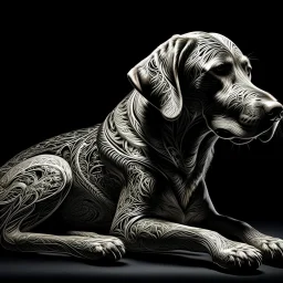 a black and white 3D image of a full body light brown labrador lying down, surreal and otherworldly, intricate linework, mind-bending composition, intricate patterns in the fur, specialy in the facemasterful use of light and shadow,masterful use of light and shadow,masterful use of light and shadow, dreamlike quality, detailed linework akin to Moebius, intricate details, vibrant and contrasting colors, Artstation for showcasing.