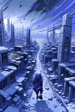 snowy megalopolis, purple white grey black, stylized, perspective from person on ground
