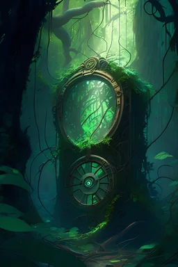 broken time machine in the deep forest covered with vines, concept art