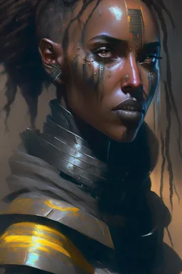 sayat demisssie,ethiopian actress,concept art,digital painting,warrior,cinematic, Concept art, low lighting, Gritty, Detailed, cybernetic enhancements, future setting, Digital painting, art by magali villeneuve and rk post, Sharp focus, trending on artstation.