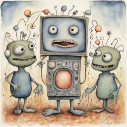 by Michael Leunig and Zdzislaw Beksinsk, Glorifying Nonsense anthropomorphic TV, watercolor and pen, creepy, surrealism