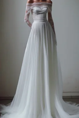 Lace and silk off-the-shoulder wedding dress is very long for sea lovers Photorealistic