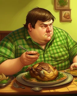 Portrait d'un jeune homme mangeant un grand poulet rôti, ultra obèse; cheveux bruns et teint blanc, porte une chemise à carreaux de couleur vert olive. HD portrait, Artstation