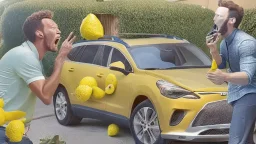 guy arguing on phone next to kia sportage covered with lemons