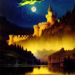 Drawing of 'Medieval Romanian Castle',mountain,lake,full moon, by gaston bussiere, greg rutkowski, yoji shinkawa, yoshitaka amano, tsutomu nihei, donato giancola, tim hildebrandt, oil on canvas, cinematic composition, extreme detail,fit full head inside picture,16k