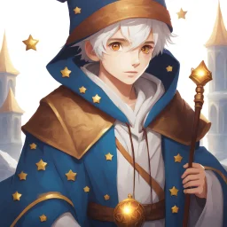 4K, Fantasy World, A boy only wearing a closed wizards robe, and wearing a wizards hat. White Hair. Golden Eyes with no pupils.