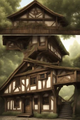 large medieval wooden inn, with a balcony, and a cobbled road going through the middle, in a wood, photo-realistic