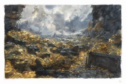 dnd, fantasy, watercolour, large strokes, stylistic, large and deep dungeon, piles of gold, chests full of gold, various gems, various riches, opulent, grandiose
