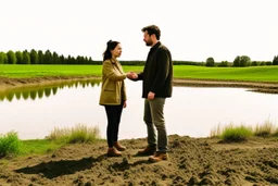 A picture of two people exchanging criticism in a constructive and respectful manner, standing on a land surrounded by dirt, and behind them a lake