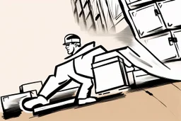 a swedish industry worker from sweden, very strong pushing a wooden crates and IBC along the floor in a factory, truckdrivers (forklift) in background, very basic sketch painting like the image i uploaded