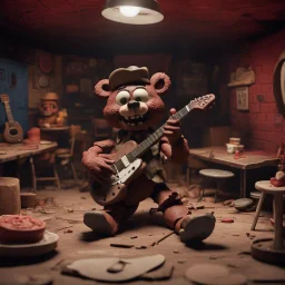 "CLAYMATION”, sinister clay Freddy Fazbear playing guitar on an abandoned '80's Pizzaria stage, creepy, spooky, sinister, clay figures, clay scenery, clay sculpture, 16k resolution, claymation movie still, "Five Nights at Freddys" aesthetic, Studio Laika, wide-angle lens