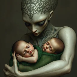 serene yet haunting scene depicts a humanoid cradling two children—one human, one humanoid—in her arms. The humanoid mother gazes at them with a peaceful expression. The human child, wrapped delicately in a green, net-like material, sleeps soundly, while the humanoid child, resembling its mother, nestles beside the sibling. Tears stream from the humanoids eyes, evoking a sense of sorrow suggesting both entrapment and technological dependency. Intricate patterns adorn her head, leading to a majes