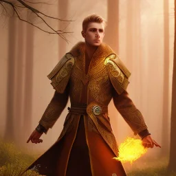 Male, Human, Blond, Sorcerer, Fire Mage, Golden Eyes, Young, Photorealism, Full Body Shot, Forest Background