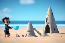 Toddler Elon Musk building a tall space rocketShip sand castle on the beach, Blue shovel, plastic bucket, sunglass