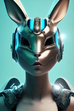 Portrait Sweet Rabbit ceramic mask, gothic, cyan suit, cyberpunk, photo studio, black background, unreal engine 5, concept art, ray tracing, lumen lighting, ultra detail, volumetric lighting, 3d.