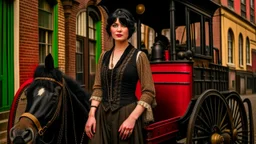 body portrait of a gothic woman with a black bob with a full fringe hairstyle, dressed in brown leather trousers, waistcoat, and gloves, in a Victorian street next to a steam carriage, full colour
