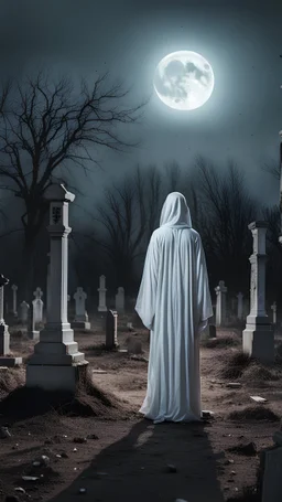 An eerie-looking translucent white figure in a robe stands in the center of an abandoned cemetery, full moon