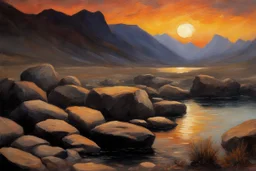 sunset, rocks, mountains, mistery, dark philosophic influence, auguste oleffe and sidney starr painter impressionism paintings