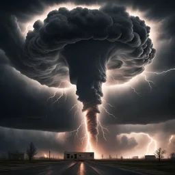 dramatic big atomic nuclear lightning tornado, a dramatic swirling tornado with debris swirling, lightning, frightening, apocalyptic and cataclysmic tornado, black smoke, symmetrical, centered, congruent, realistic, hyperrealistic, highly detailed, dramatic lighting, extremely detailed, epic dramatic atmosphere, Anato Finnstark, Dan Mumford :: symmetrical :: realistic :: hd :: high resolution :: high quality