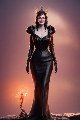 Julia Roberts as evil queen in black leather gown, evil, busty, cleavage, curvy, angry, happy, stern look. character design by cory loftis, fenghua zhong, ryohei hase, ismail inceoglu and ruan jia. unreal engine 5, artistic lighting, highly detailed, photorealistic, fantasy