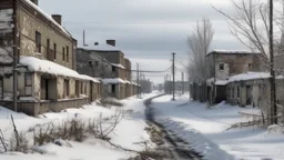 A snowy day view of a deserted street in a forgotten settlement, with dilapidated residential buildings and wild vegetation reclaiming the land.