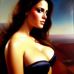 portrait of beautiful busty Gemma Arnau Arnau born in 1979 painting by Brom , oil on canvas, cinematic composition, extreme detail,fit full head inside picture