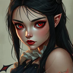 a pretty girl, 14 years old, black hair, vampire, red eyes, realism, stylised, fantasy, mystery