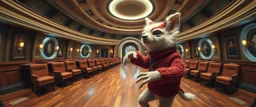 pin hole cam, knitted fluffy mean wolf alien gremlin badger star ship bridge captain dancing in a big hall in the style of Rembrandt and Escher and Dali