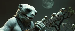 close up on member of jazz giant polar alien sloth gremlin sheep flock climbing trees in the style of H.R. Giger and Fallout 4