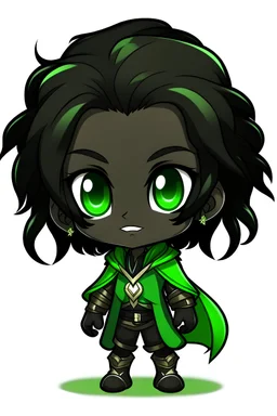 Wizard male dark elf with dark skin with ear length black fluffy hair Chibi art style green accents