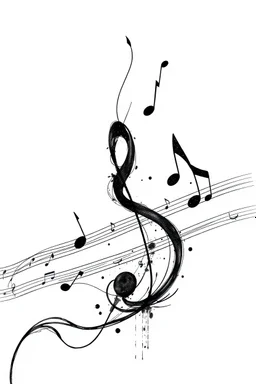A realistic drawing in negative space black ink on white background of a musical notes and twisted notes 3D with abstract brushstrokes to enhance sheets music pages max enrist
