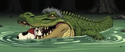 realistic anime crocodile hippo pimp witch with fluffy hair, doing dog things and eating small dog in the style of fallout 4 and giger and escher