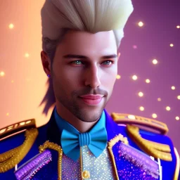 Portrait of an handsome smiling man, prince, galactic, glitter blue velvet suit with jewels and stripes, blond hair, blue eyes, cinematic lights unreal engine 5, 4k, high details, beam and stars in background, blue and purple