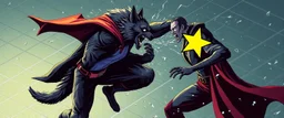 werewolf vs vampire cyberpunk action scene, acrobatic dodge, cape, all seen drown on isometric grid, wolf giving him the biggest uppercut punch with cartoon star marking the impact