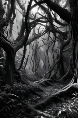 black and white vines on the trees magical forest