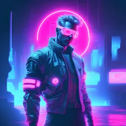 Vaporwave vintage digital painting neon-lit artwork cyberpunk cyborg man character with neon implants