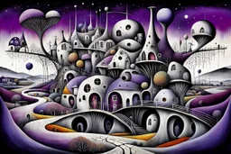 whimsical, weird ball-like houses stand in village in weird whimsical landscape with long bridges, , futur-surreal vibe with abstractions, around surreal cracked painted weird land with dark purple, gray, black, white, brown colors. style of Chagall , of Minjae Lee and Tim Burton, absurd beauty picture. weird bizarre absurd, nightmare, big neuron network background and thin bridges, surreal cinematic vibe