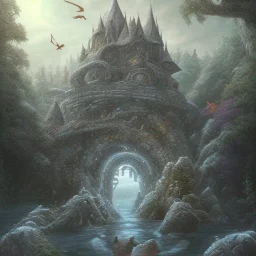 fantasy art, book illustration, upper body of big mad wizard on very tight stone bridge ,icy water, on the bridge is a wolf, there is also a hawk and everything is seen from the tree tops