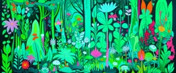 A neon mint green fairy realm with flowers painted by Stuart Davis