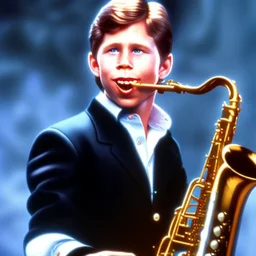 Ron howard from happy days playing the saxophone, his eyes are closed, rock band, saxophone lips