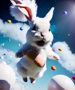 Ultra realistic speed clouds sky scene, wide angle view, childs falling down with many Childs background, rabbit head, circus dress style, feather color, free jumping flying, many trinkets, hair monster, many jelly beans, balls, color smoke, smile, happy, extreme, wind, clouds sea, 20,000 feet altitude, stratosphere, soft color, highly detailed, unreal engine 5, ray tracing, RTX, lumen lighting, ultra detail, volumetric lighting, 3d, finely drawn, high definition, high resolution.