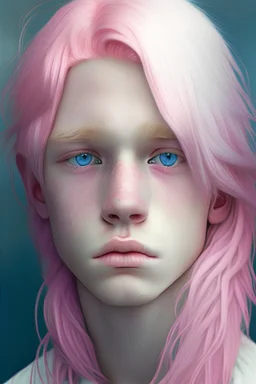 A boy with pink hair, blue eyes, and white skin with a slight blush on the cheek With long hair