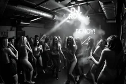 dans golv på en nedsliten sunkig techno club, många personer som dansar, yppiga lättklädda kvinnor, scen rök och ljus strobes, svartvit bild, en del personer ser in i kameran och skriker: "Benny!" och en Neon Skylt med texten "DJ ROY" på väggen