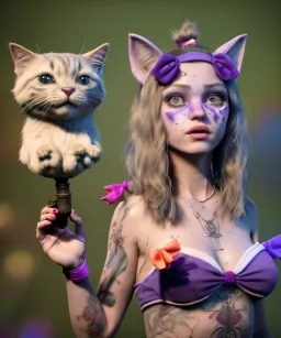 Ultra realistic photo, happy couple, blonde Alice woman and purple cat smoking a pipe, circus blue dress style, black headband with bow, old school body tattoo, smoke, marihuana garden, glow eyes, perfect iris, soft color, highly detailed, unreal engine 5, ray tracing, RTX, lumen lighting, ultra detail, volumetric lighting, high definition.