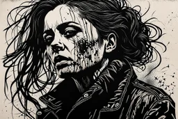 create an abstract, deeply powerful tragic and evocative, full body woodcut of a raw and weathered gothpunk female with highly detailed facial features, lost in a horrific post apocalyptic world, in the style of KATHE KOLLWITZ , searing lines and forceful strokes