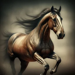 PROMPT: Young stallion in motion, captured in a modern vintage photography style. The image blends necronomic-inspired illustrations with a tabletop photography approach, reminiscent of the 1890s. Hyper-realistic animal portraiture is combined with a ghostly aura and subtle, buzzing details.