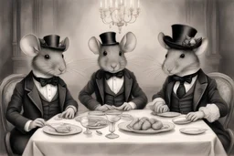 two pretty and handsome mice at a ceremonial dinner, dressed in Victorian style, Victorian hairstyle, pencil drawing style of Keith Harrop